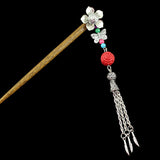Silver Flower w/ Butterfly Tassels & Lacquered Floral Round Bead Wood Hair Stick