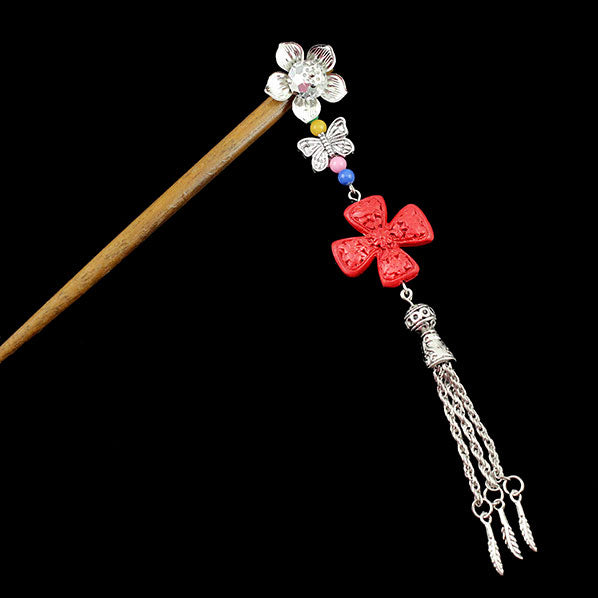 Silver Flower w/ Butterfly Tassels & Lacquered Bead Wood Hair Stick Cross