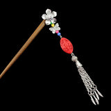 Silver Flower w/ Butterfly Tassels & Lacquered Floral Bead Wood Hair Stick