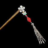 Silver Flower w/ Butterfly Tassels & Lacquered Floral Bead Wood Hair Stick
