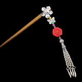Silver Flower w/ Butterfly Tassels & Lacquered Floral Bead Wood Hair Stick
