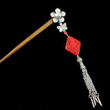 Silver Flower w/ Butterfly Tassels & Lacquered Floral Bead Wood Hair Stick