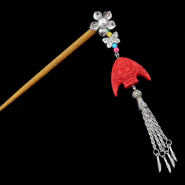 Silver Flower w/ Butterfly Tassels & Lacquered Bead Wood Hair Stick Fish
