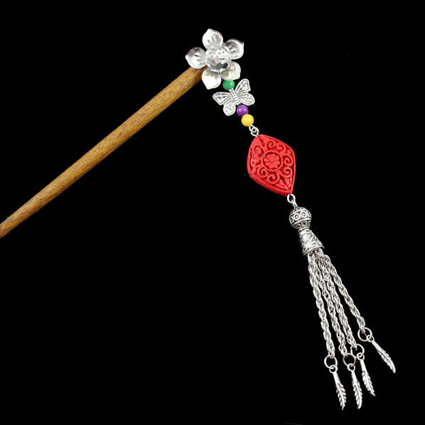 Silver Flower w/ Butterfly Tassels & Lacquered Floral Bead Wood Hair Stick