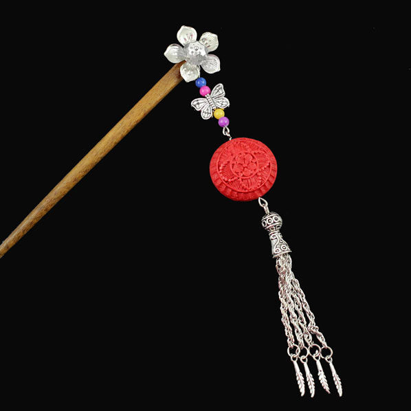 Silver Flower w/ Butterfly Tassels & Lacquered Floral Round Bead Wood Hair Stick