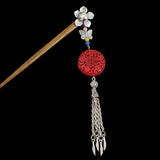 Silver Flower w/ Butterfly Tassels & Lacquered Floral Round Bead Wood Hair Stick