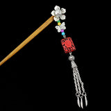 Silver Flower w/ Butterfly Tassels & Lacquered Floral Bead Wood Hair Stick