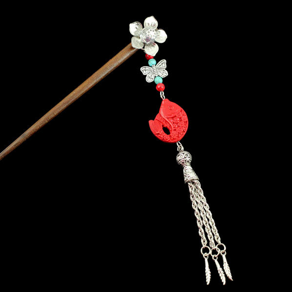 Silver Flower w/ Butterfly Tassels & Lacquered Bead Wood Hair Stick Fish