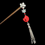 Silver Flower w/ Butterfly Tassels & Lacquered Bead Wood Hair Stick Fish