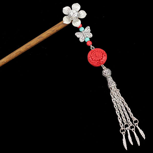 Silver Flower w/ Butterfly Tassels & Lacquered Floral Round Bead Wood Hair Stick