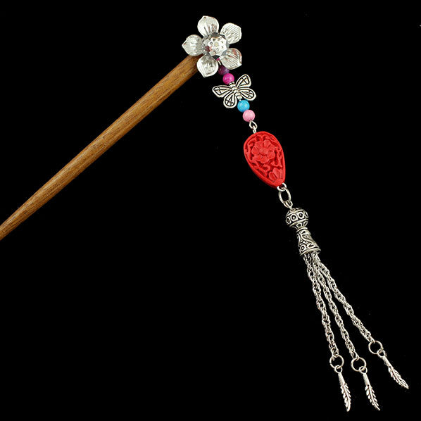 Silver Flower w/ Butterfly Tassels & Lacquered Floral Bead Wood Hair Stick