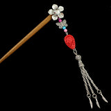 Silver Flower w/ Butterfly Tassels & Lacquered Floral Bead Wood Hair Stick