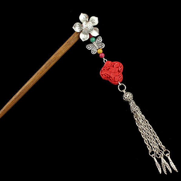 Silver Flower w/ Butterfly Tassels & Lacquered Floral Bead Wood Hair Stick