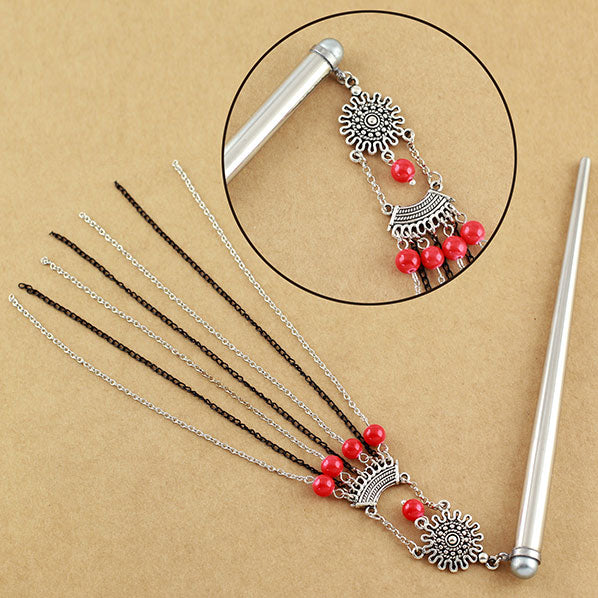 Crystalmood Hollow Stainless Steel Hair Stick w/ Tassels Red