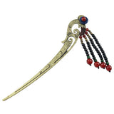 Antique Brass Finish Phoenix Style Hair Stick w/ Agate & Beaded Tassels