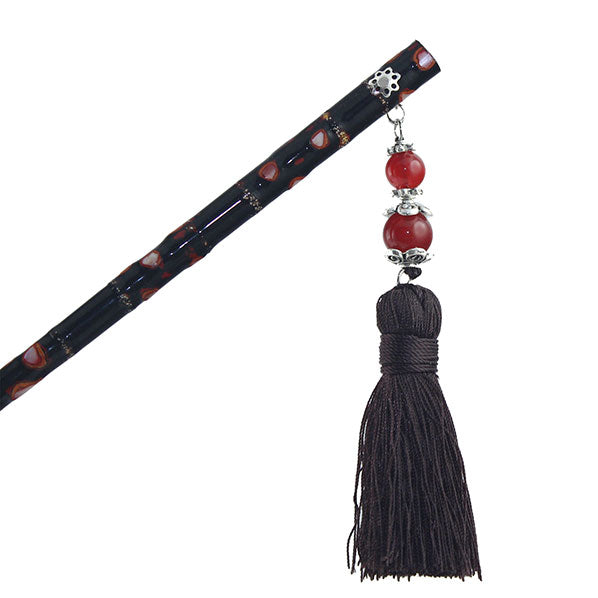 Lacquered Ironwood Hair Stick w/ Beads Tassels Black