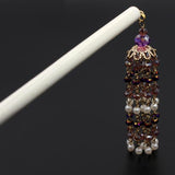 White Chopstick Hair Stick with Purple Crystal Beaded Tassels (pc)