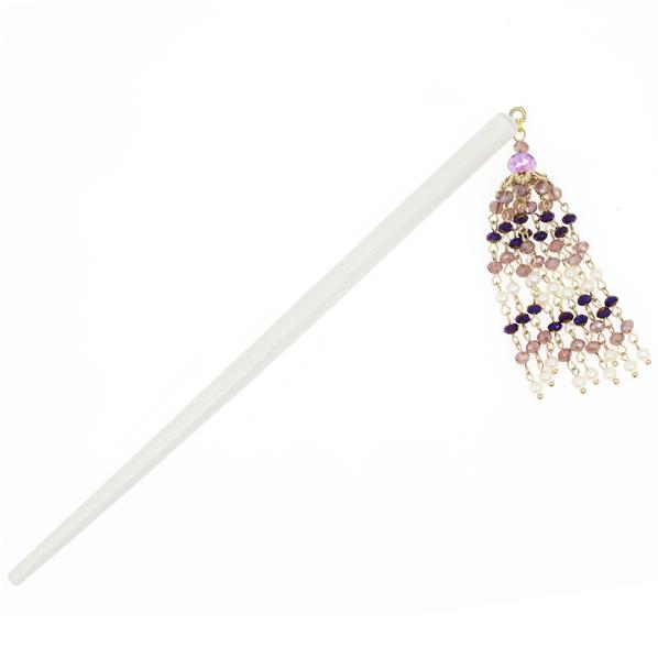 White Chopstick Hair Stick with Purple Crystal Beaded Tassels (pc)