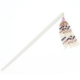 White Chopstick Hair Stick with Purple Crystal Beaded Tassels (pc)