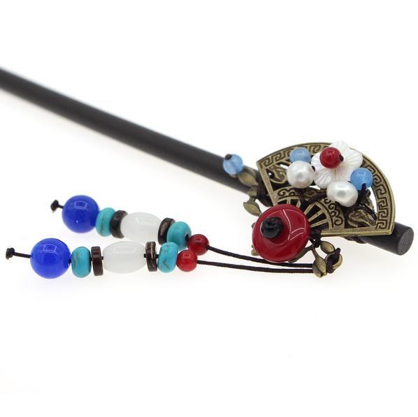 Wood Stick with Metal Fan Mother-of-Pearl Flower and Beaded Tassels