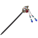 Wood Stick with Metal Fan Mother-of-Pearl Flower and Beaded Tassels