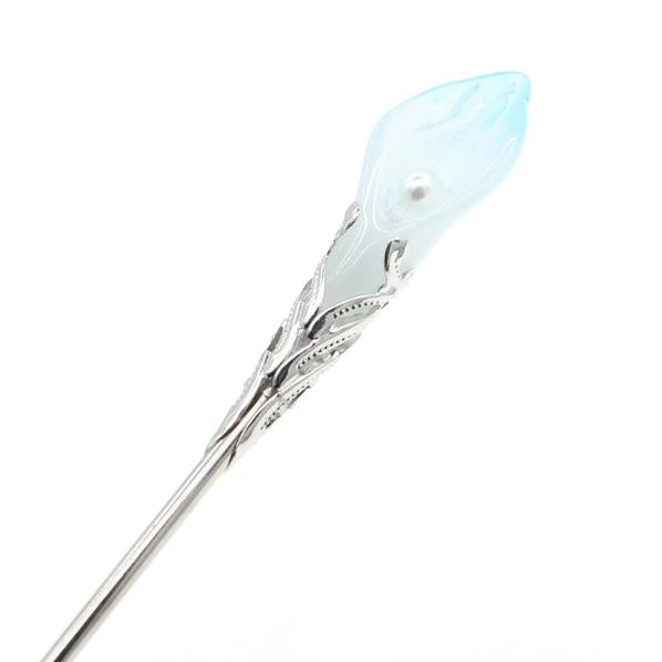 Blue Glass Lampwork Beads Calla Lily Hair Stick w/ Red Center