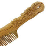 Lignum-vitae Wood Hair Comb w/ Carved Sunflowers Handle