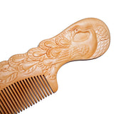 Peachwood Seamless Carved Peacock Hair Comb w/ Handle
