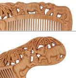 Peachwood Carved Elephants Seamless Hair Comb with Handle