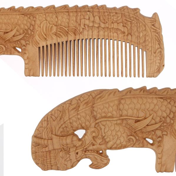Peachwood Carved Dragon Seamless Hair Comb with Handle
