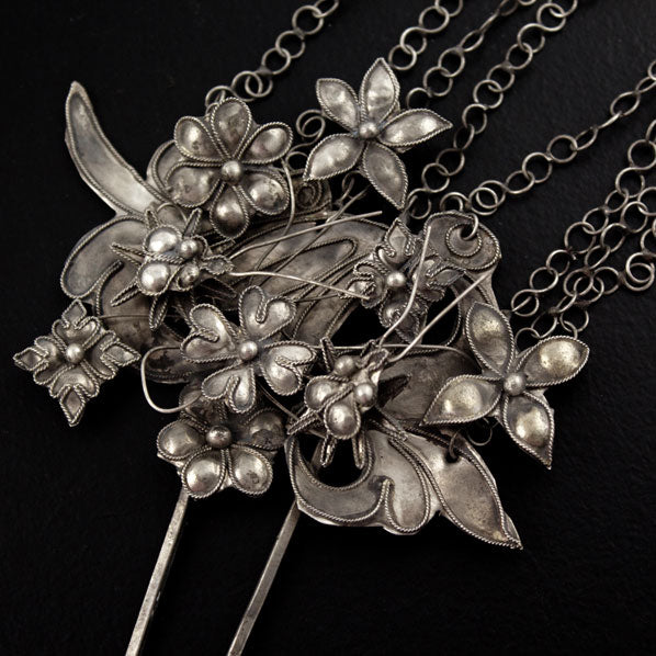 Handmade Miao Filigreed 2-Prong Floral Costume Hair Stick with Tassels