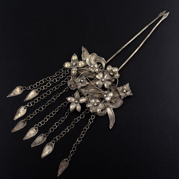 Handmade Miao Filigreed 2-Prong Floral Costume Hair Stick with Tassels