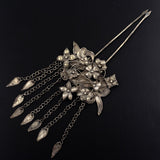 Handmade Miao Filigreed 2-Prong Floral Costume Hair Stick with Tassels