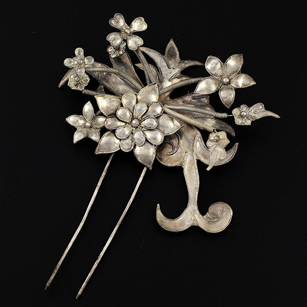 Handmade Miao Filigreed 2-Prong Flower Hair Stick