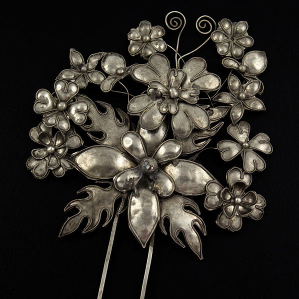 Handmade Miao Filigreed 2-Prong Floral Costume Hair Stick