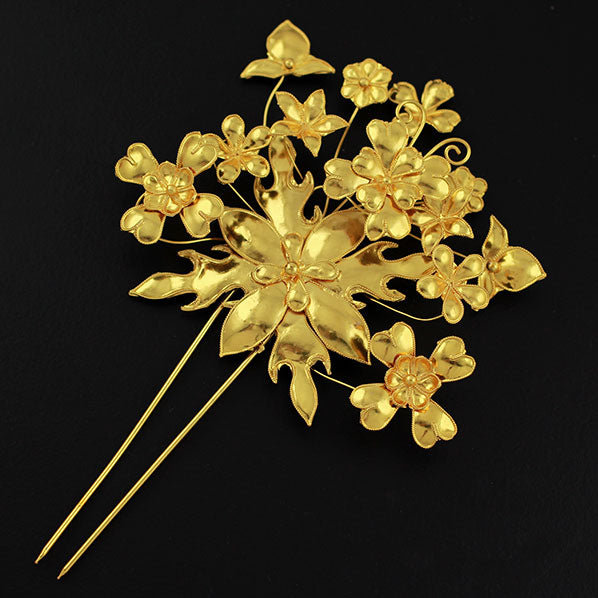 Handmade Miao Filigreed 2-Prong Floral Costume Hair Stick Gold