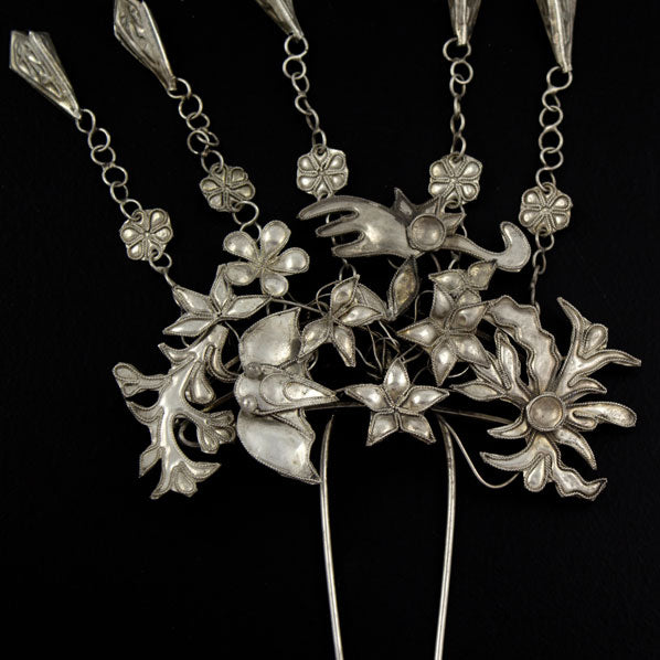 Handmade Miao Filigreed 2-Prong Floral Costume Hair Stick with Tassels