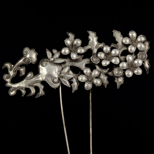 Handmade Miao Filigreed Costume 2-Prong Hair Stick Flowers