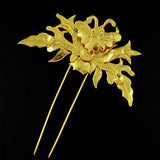 Handmade Flower and Butterfly Miao Filigreed 2-Prong Hair Stick Gold