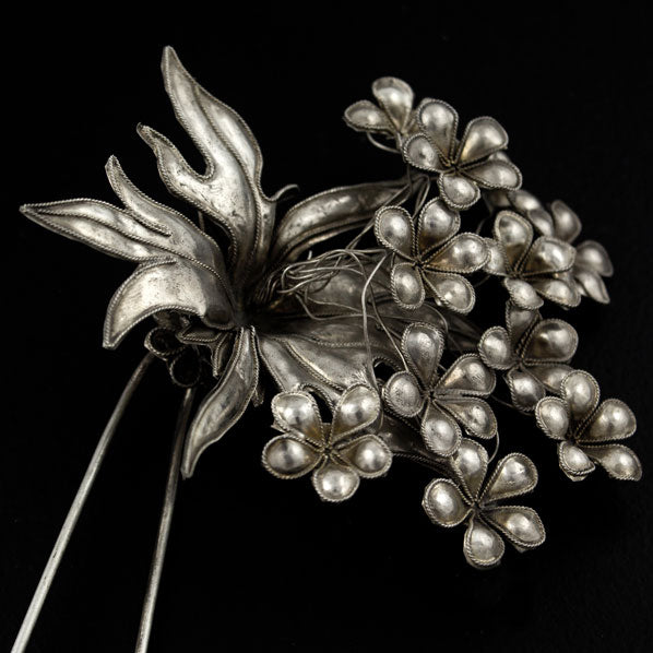 Handmade Miao Filigreed Floral Costume 2-Prong Hair Stick