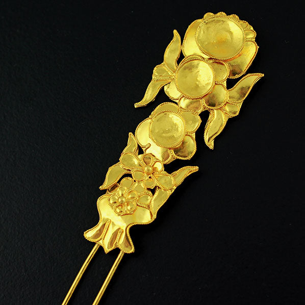 Handmade Miao Filigreed 2-Prong Costume Hair Stick Flowers Gold