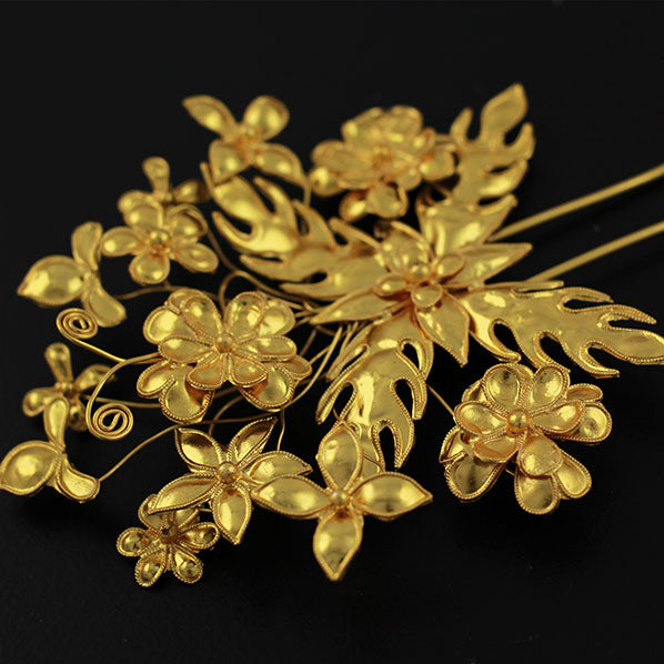 Handmade Flowers Miao Filigreed 2-Prong Hair Stick Gold