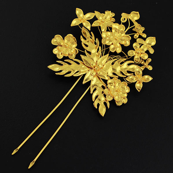 Handmade Flowers Miao Filigreed 2-Prong Hair Stick Gold