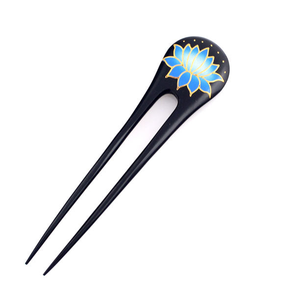Handmade Thailand Fossilwood 2-Prong Lacquered Lotus Hair Stick Blue