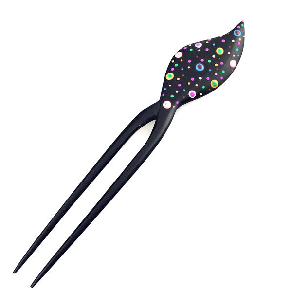 Handmade Thailand Fossilwood 2-Prong Lacquered Neon Dots Hair Stick
