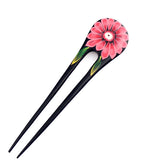 Handmade Thailand Fossilwood 2-Prong Lacquered Flower Hair Stick Red