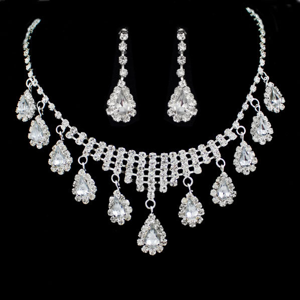 Bridal Rhinestone Teardrop Necklace Screw-back Earrings Set
