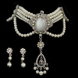 Bridal 5-strand Pearl and Rhinestone Choke Necklace Earrings Set