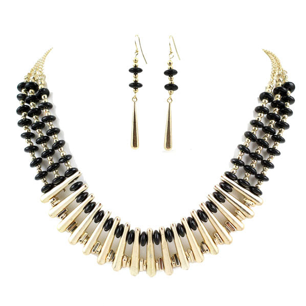 Gold Finish Blue Beads Necklace Earrings Set