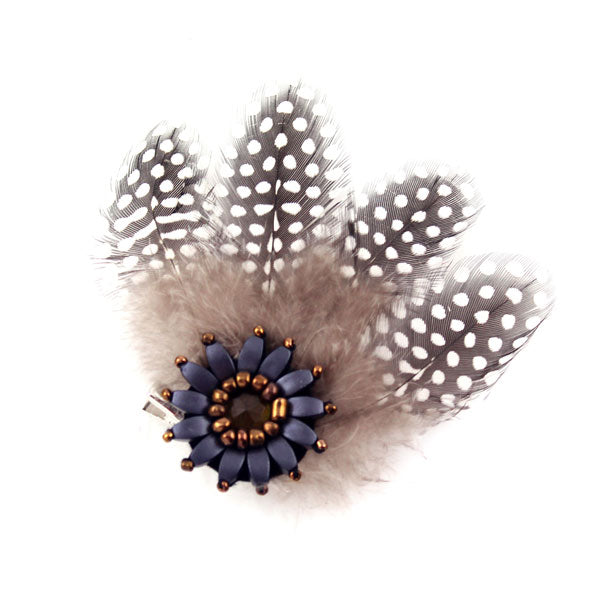 Floral Guinea Fowl Feather Hair Clip & Brooch White